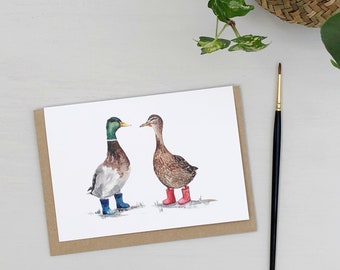 Ducks in wellies hand painted greetings card