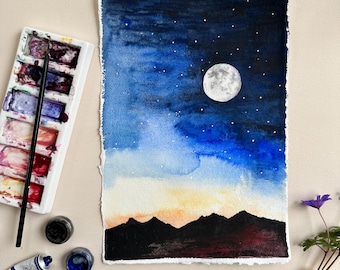 Original Watercolour Moon Painting – Hand-Painted Celestial Artwork