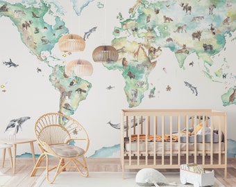 Wildlife World Map Mural Wallpaper For Children