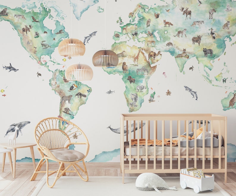 Wildlife World Map Mural Wallpaper For Children image 1