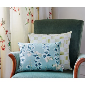 SALE    Hollyhocks floral printed cotton cushion in Aqua Blue