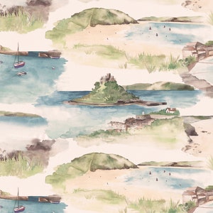 Puede incluir: Patrón de acuarela repetido que representa escenas costeras con barcos, islas y edificios. El diseño utiliza tonos de azul, verde y beige, creando una estética serena y artística. El patrón muestra un tema marítimo.