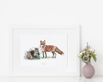 Fox and Fox Cubs Watercolour Art Print