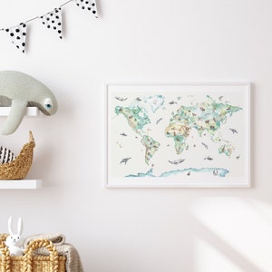 Mappa del mondo della fauna selvatica dipinta a mano per bambini