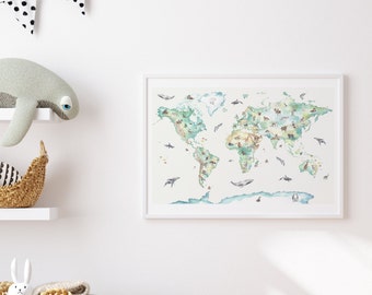 Hand-painted wildlife world map print for children