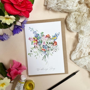 Floral Happy Wedding Day Card – Hand-Painted Watercolour Bouquet