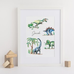 Dinosaurs Personalised Name Print from hand painted watercolour artwork, Picture for child's room, Gift image 2