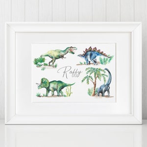 Dinosaurs Personalised Name Print from hand painted watercolour artwork, Picture for child's room, Gift image 1