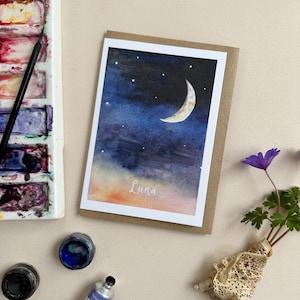 Handgeschilderde wenskaart aquarel wassende maan 'Luna'