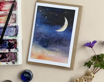 Carte de voeux aquarelle peinte à la main « Luna » en croissant de lune