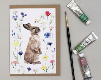 Spring bunny rabbit watercolour greetings card