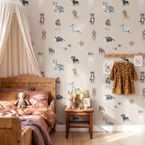 May include: Wallpaper featuring a repeating pattern of various dog breeds in watercolor style on a light beige background. The design includes illustrations of dalmatians, dachshunds, and other canine breeds in brown, black, and white tones.