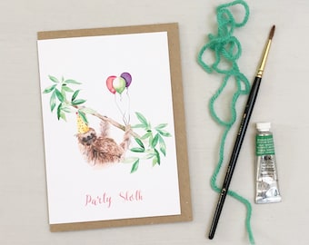 Party Sloth hand painted greetings card