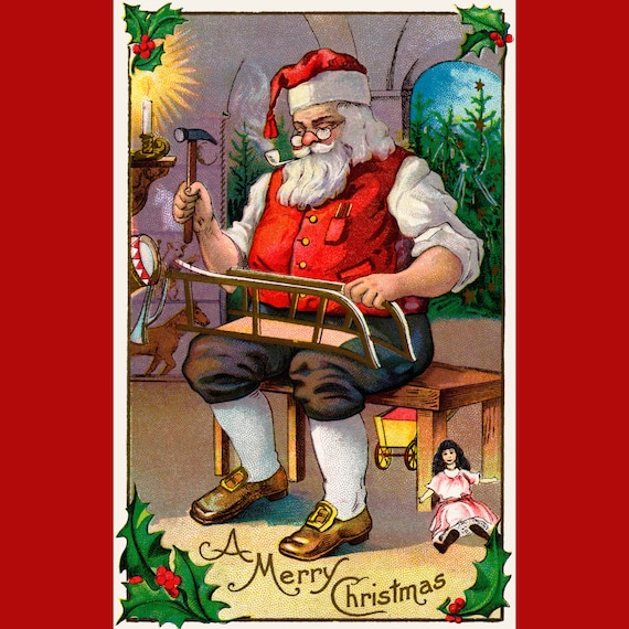 23_Vintage Santa In Workshop, St Nicolas, Santa, Santa Claus, Christmas,  Deborah Bucher Designs, Holiday, x inch, 18