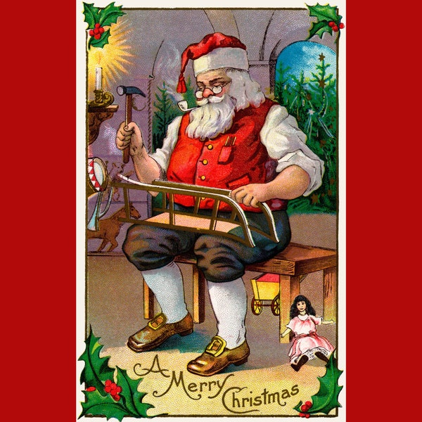 Vintage Santa Delivering Packages, St Nicolas, Santa, Santa Claus, Christmas, Deborah Bucher Designs, Holiday,  29.25" x 20.25" inch, 18 lb.