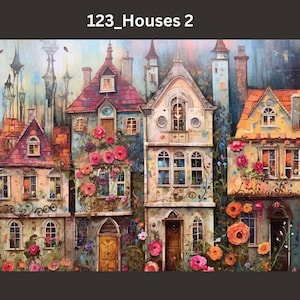 123_Whimsycal Houses 2 - Deborah Bucher Designs, papier de découpage, 18 livres, maisons victoriennes, fleurs, oeuvre d'art pour meubles, 69 x 21 pouces,
