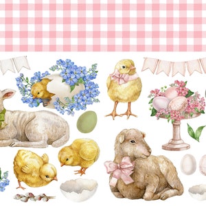 44_Ostertiere und rosa Büffelkaro Decoupage Stoff, Osterdecoupage, rosa Büffelkaro, Deborah Bucher Designs, 18 lbs., 90 x 50 cm,