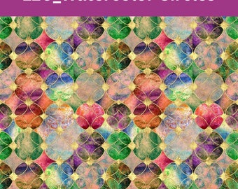 May include: A repeating pattern of 120 watercolor circles in shades of pink, orange, red, blue, green, and purple. The circles are outlined in gold and arranged in a grid pattern.
