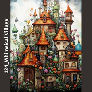 124_Whimsical Village - Deborah Bucher Designs, Fantasia, Colorato, Floreale, Villaggio Magico, Carta velina per decoupage, 18 libbre.