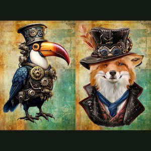 77_Steampunk Papagei und Fuchs, Deborah Bucher Designs, Tukan, Fuchs, Steampunk, Decoupage Gewebe, 18 Pfund, Möbel, Kunstpapier,