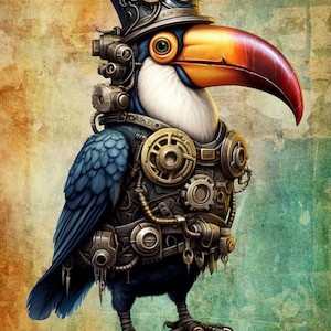 May include: A toucan wearing a steampunk-style hat and outfit with gears, pipes, and other mechanical elements. The toucan is blue, white, and orange with a long, orange beak.