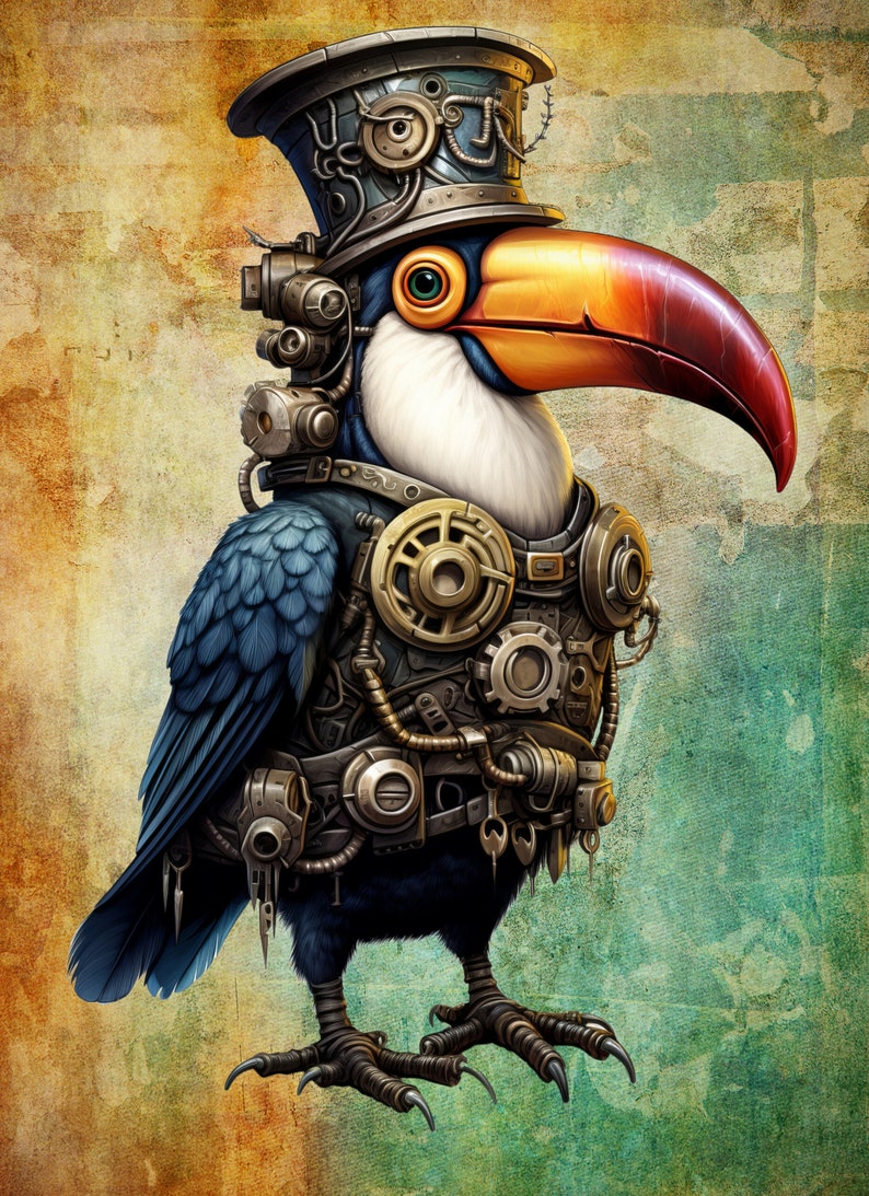 May include: A toucan wearing a steampunk-style hat and outfit with gears, pipes, and other mechanical elements. The toucan is blue, white, and orange with a long, orange beak.