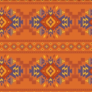 May include: A seamless pattern featuring a geometric design in shades of orange, yellow, blue, and red. The pattern is reminiscent of Native American art and textiles.
