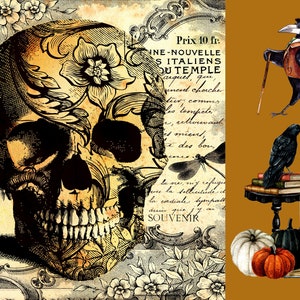 39_Papel de seda de decoupage de calaveras de azúcar y cuervos de Halloween, tejido de decoupage, DYI, diseños de Deborah Bucher, tejido impreso, papel de arte