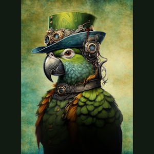 73_Steampunk Parrot LEFT, Deborah Bucher Designs, tecido decoupage, Steampunk, Parrot, 21,25 x 29,25 polegadas, tecido de 18 libras, arte em móveis,