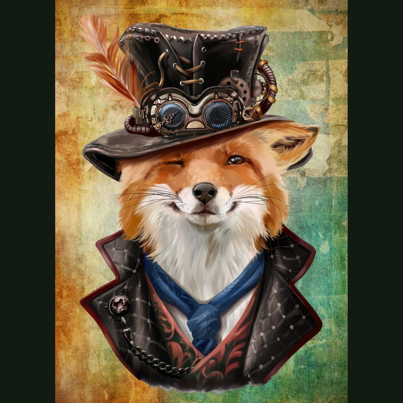 May include: A whimsical fox wearing a steampunk-style top hat with goggles and a dapper suit. The fox is winking and has a friendly expression.