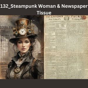 132_Steampunk Woman and Newspaper Decoupage Tissue, London Newspaper, 18-funtowa chusteczka do decoupage'u do mebli, wiktoriańska, Deborah BucherDesigns