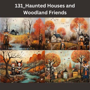 131_Maisons hantées et amis de la forêt - Deborah Bucher Designs, Tissu pour découpage d'Halloween, Effrayant, Hanté, Animaux de la forêt, Forêt, automne