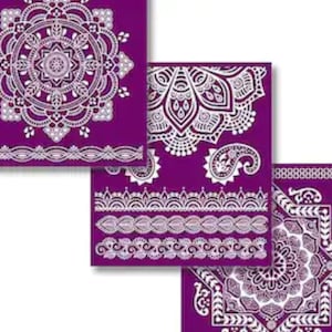 May include: Three white henna tattoo designs on a purple background. The designs include a large mandala, a smaller mandala, and a paisley pattern.