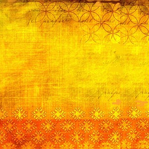 May include: A textured, vintage-style background with a gradient of yellow and orange hues. The top features a repeating circular pattern, while the bottom has a floral design. Faint script-like text is visible throughout the background.