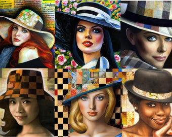 13_Beautiful Women in Hats Tissu pour découpage, Deborah Bucher Designs, Carreaux, Mode, Tissu pour découpage, 18 livres, Artisanat, Déco de meubles
