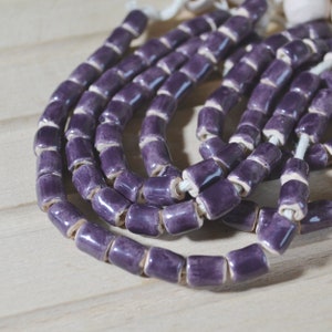 Handmade Purple Ceramic Cylinder Beads: 6x8mm, 20pcs
