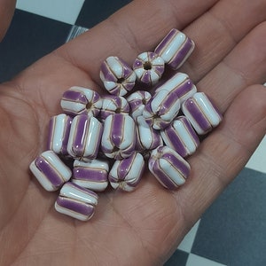 Striped White and Purple Clay Beads: Handmade Cylindrical Jewelry Supplies