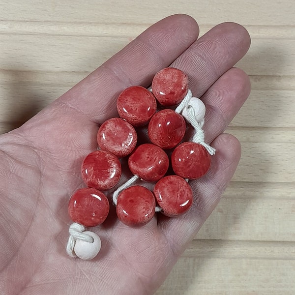 Coin beads 10 pcs. These ceramic beads are created by hand. Red beads for macrame and jewelry making. LOTBEADS.ETSY.COM Beading Supplies.