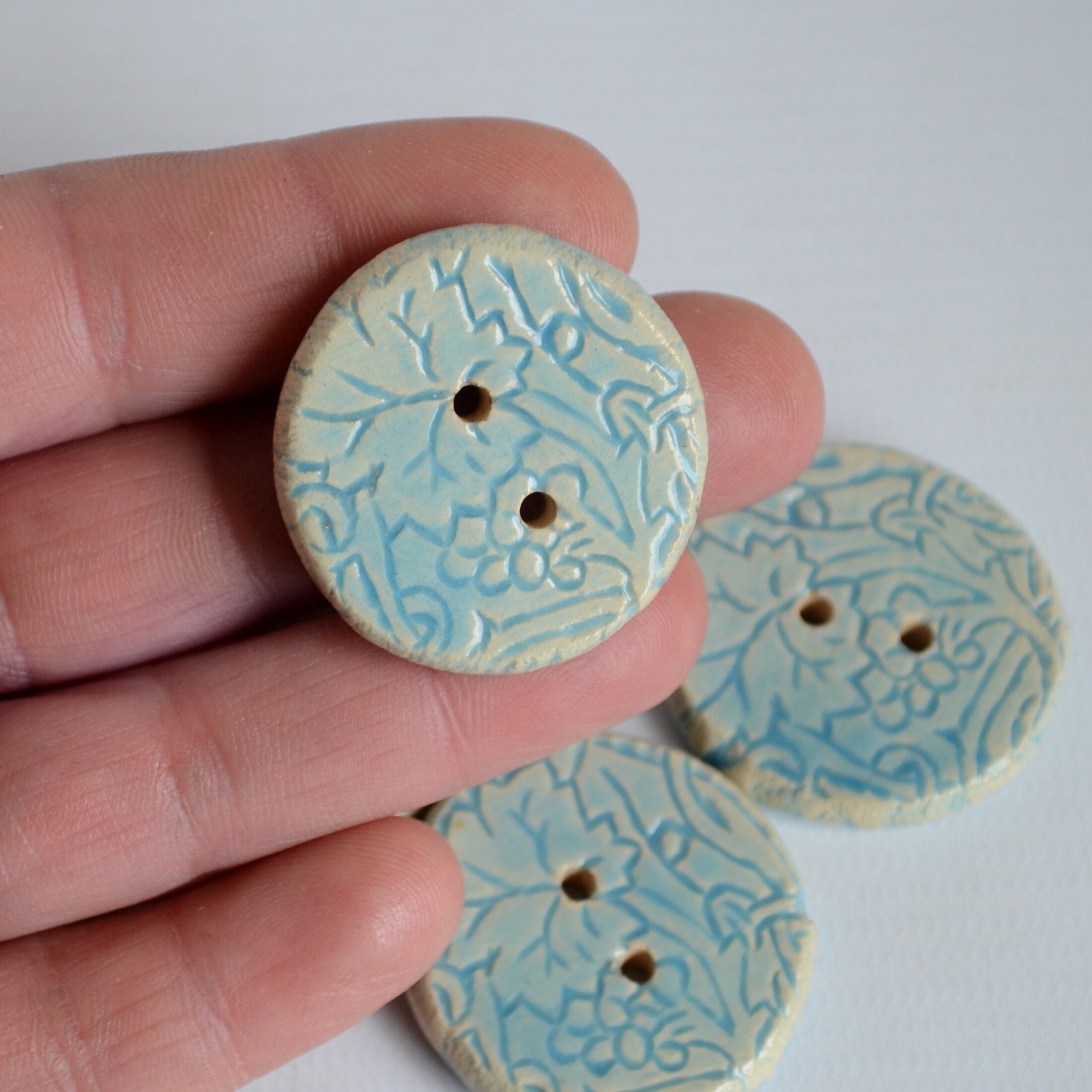 Large Textured Flower Buttons Set 2 Pcs. Ceramic Handmade Blue Etsy UK