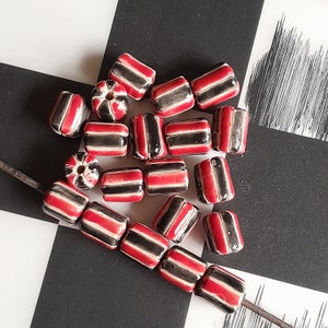 Handmade Striped Clay Beads: Black and Red Cylindrical Beads (5 pc)