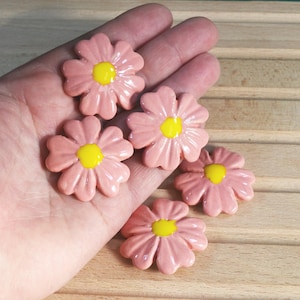 Pink Ceramic Flower Beads: Jewelry or Macrame Supplies (5pcs)