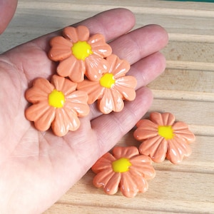Orange Ceramic Flower Beads: Handmade Daisy Charms, 5pcs