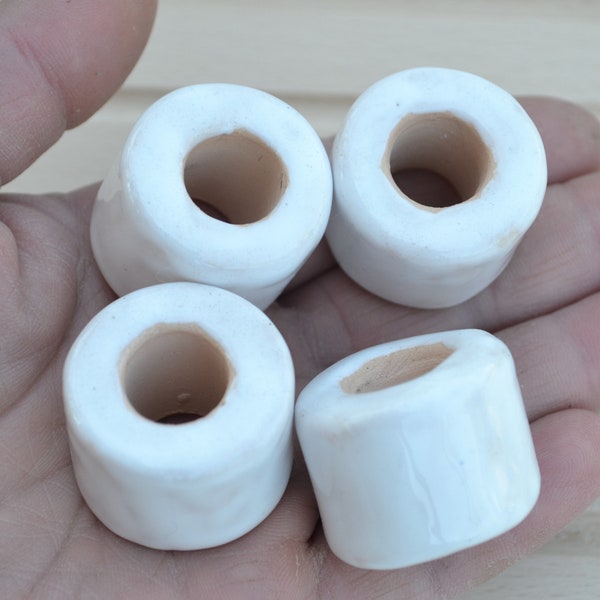 Large ceramic beads. 24 mm x 31 mm, hole 14 mm. Set of 2 tube beads. White tube beads for macrame.