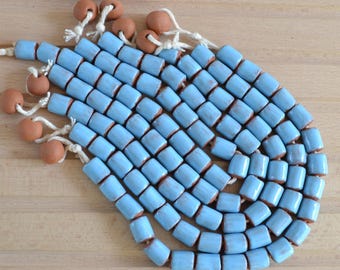 Pastel Blue Brushstroke Tube Beads, 10x12mm Cylinder, Hand Painted Distressed Clay, Rustic Shabby Chic Beads for Jewelry Making, DIY Supply