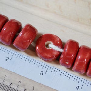 Red Ceramic Disc Beads: Handmade Glazed Clay, 10 Pcs (18x10mm, 5mm Hole)
