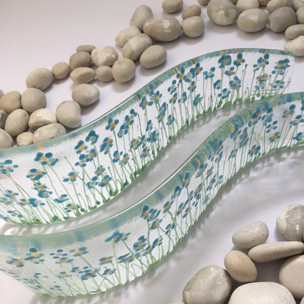 Fused glass hand painted Forget Me Not floral Curve