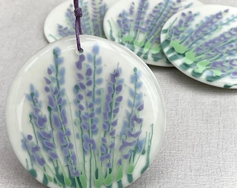 Fused glass hand painted round hanger ~ Lavender