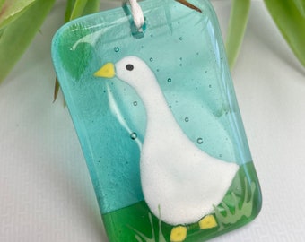 Fused glass hand painted hanger ~ Goose