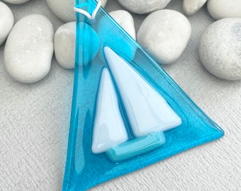 Fused glass sail boat yacht suncatcher ~ Turquoise Azure