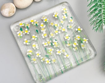 Fused Glass Coaster ~  White Daisies